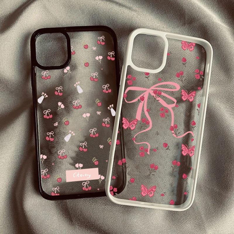 

For iPhone 16 Pro Cases Pink Bow Rose Butterfly Cherry Clear Case For iPhone 11 12 13 14 15 Pro Max 16E 7 8 Plus X XR XS Cover For iPhone 13