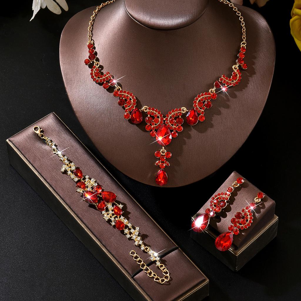Luxury Red Crystal 3Pcs Jewelry Set Women's Gold Rhinestone Necklace Earrings Bracelet Bridal Wedding Party Accessories