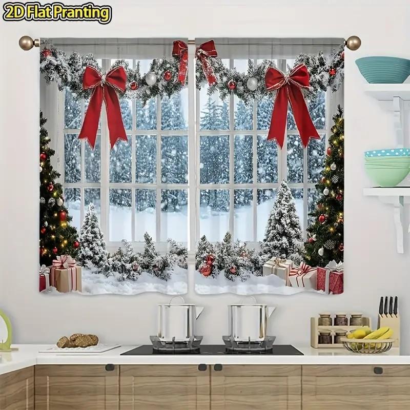 JIT 2pcs Festive Bowknot Print Curtain   Room Darkening   Polyester   Christmas Window Decor   Home Decor   Rod Pocket Curtain 100*130 Rod Pocket 1pcs