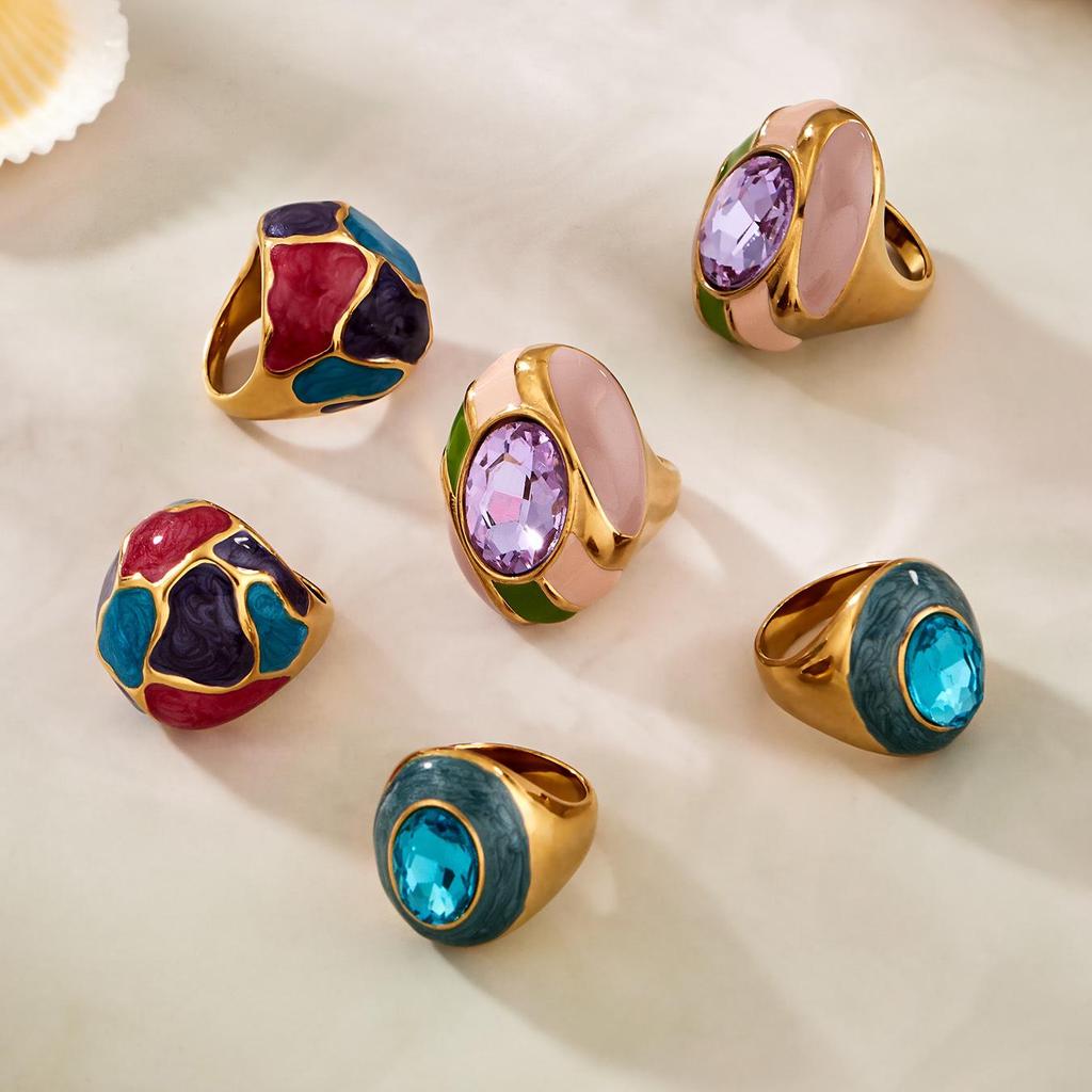 Chic Enamel Glaze Stone Ring: Stylish Handcrafted European-American Stainless Steel Jewelry.
