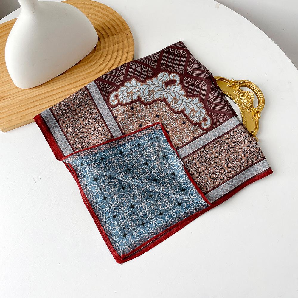 Retro Flower Silk Scarf Autumn and Winter Temperament Elegant Scarf Herringbone Silk Scarf Double-sided Literary Square Scarf Cotton and Linen Square