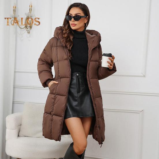 Damska kurtka zimowa z kapturem, gruba, ocieplana, puchowa, wąska talia, zapięcie na zamek błyskawiczny, średniej długości, wiatroszczelna, zimowa, bawełniana kurtka