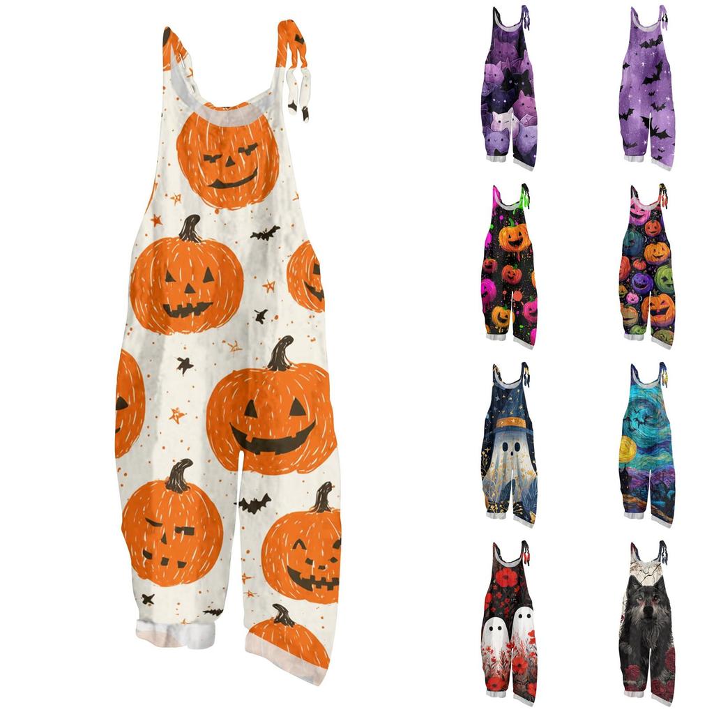 Women's Loose Casual Vintage Style Cotton Linen Overalls with Adjustable Straps and Pockets Halloween Inspired Graphic Print Jumpsuit