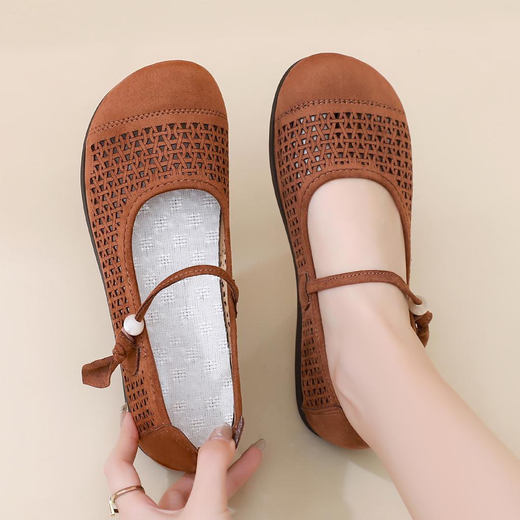 Ladies Round Toe Hollow Out Low Heel Mary Jane Shoes Flat Comfortable Casual Slip On Breathable Design Lightweight Footwear for Daily Wear