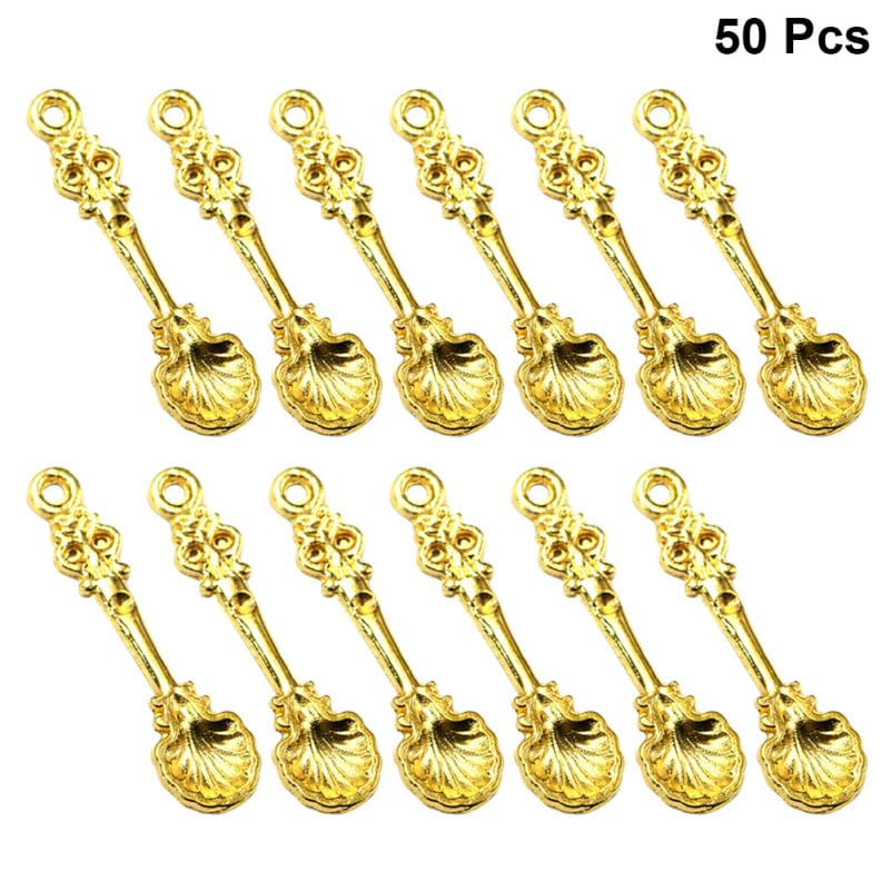 iplusmile 50-Piece Set of Spoon Pendant Charms, Alloy, Gold Color, 1.30 x 0.35 x 0.09 inches, for DIY Accessories, Necklaces, Keychains, Bracelets,