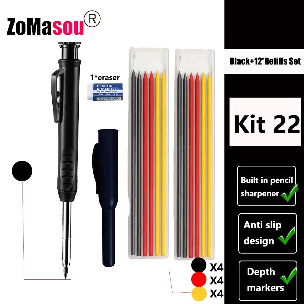 Reuseable Long Head Deep Hole Markers Pen Pencils Solid Carpenter Refill Leads Built-in Sharpener Woodwork Construction Tools