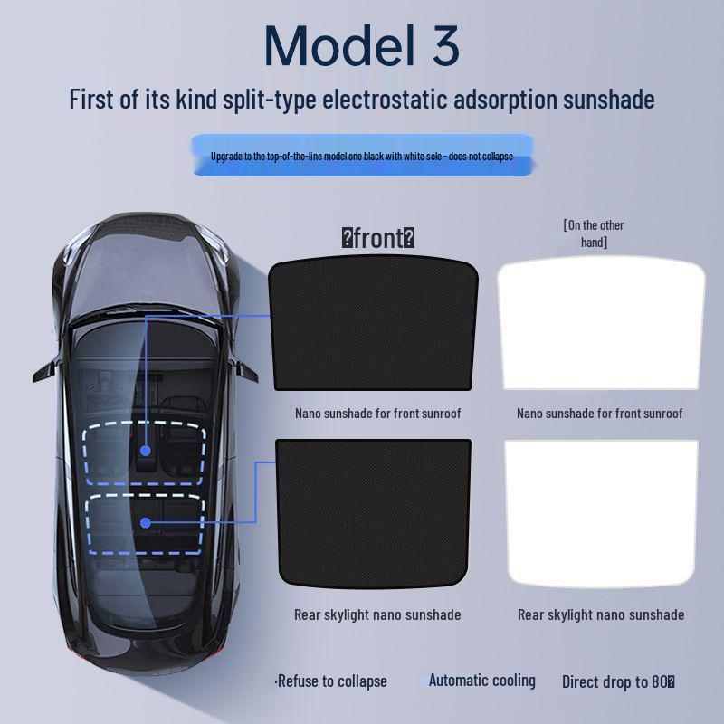 Tesla Model Y & 3 Sunroof Suede Sunshade: Electrostatic Adsorption Sun Protection & Heat Insulation
