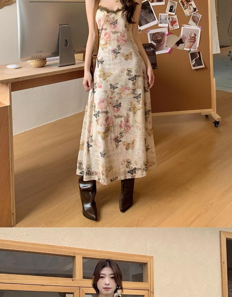 Butterfly Floral French Camisole Dress: V-Neck, Slim Fit, Cinched Waist, Bodycon Long Dress - Perfect for Summer Vacation.