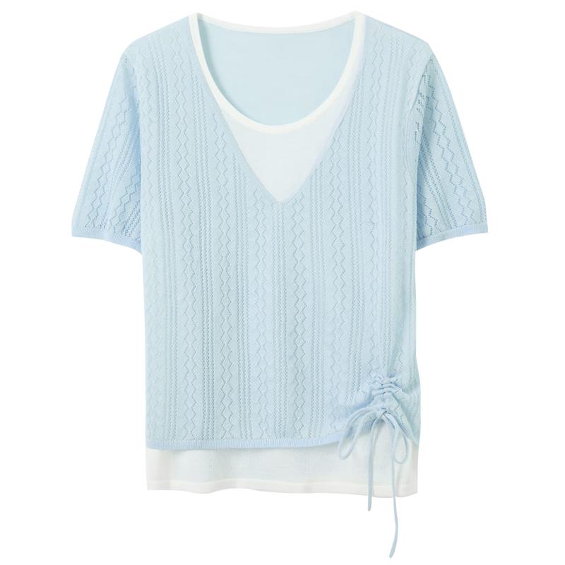 Women's Faux Two-Piece V-Neck Short Sleeve Knitted Top
