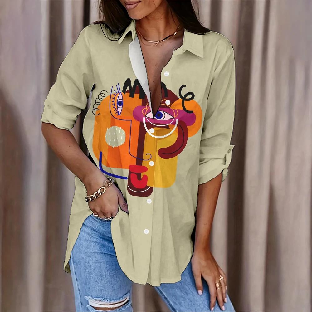 Fashion Abstract Character Avatar Printed Women's Shirt Summer And Autumn Casual Loose Versatile Tops Women Long Sleeve Blouses