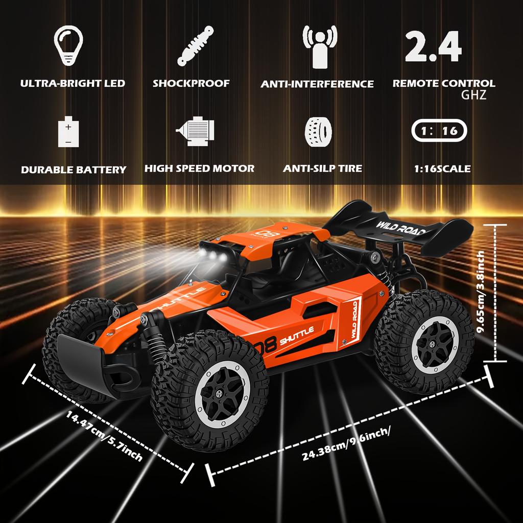 AAYC1 New RC Car 1:16 2WD with LED Light 2.4G 20KM/H High Speed Off-Road Climbing Remote Control Car Toy Gifts for Boys Girls Kids