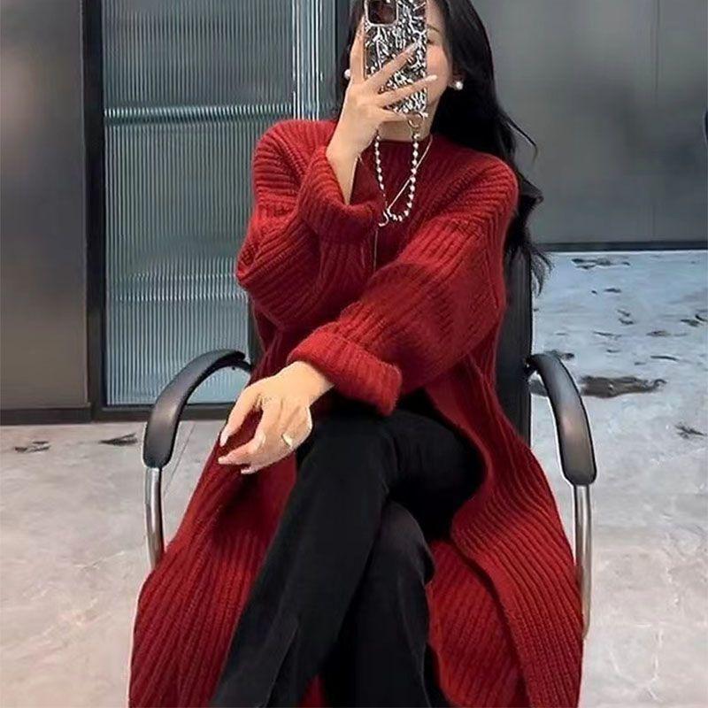Irregular Slit Knitted Pullover for Women In Spring and Autumn Round Neck Long Loose and Lazy Style Long Sleeved Sweater