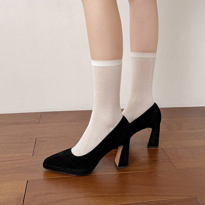 Krazing Pot Wildleder Lammfell Quadratische Zehenpartie Hohe Absätze Sommer Einfarbige Schuhe Große Größe 41 Grundlegendes Design Damen Moderne Pumps