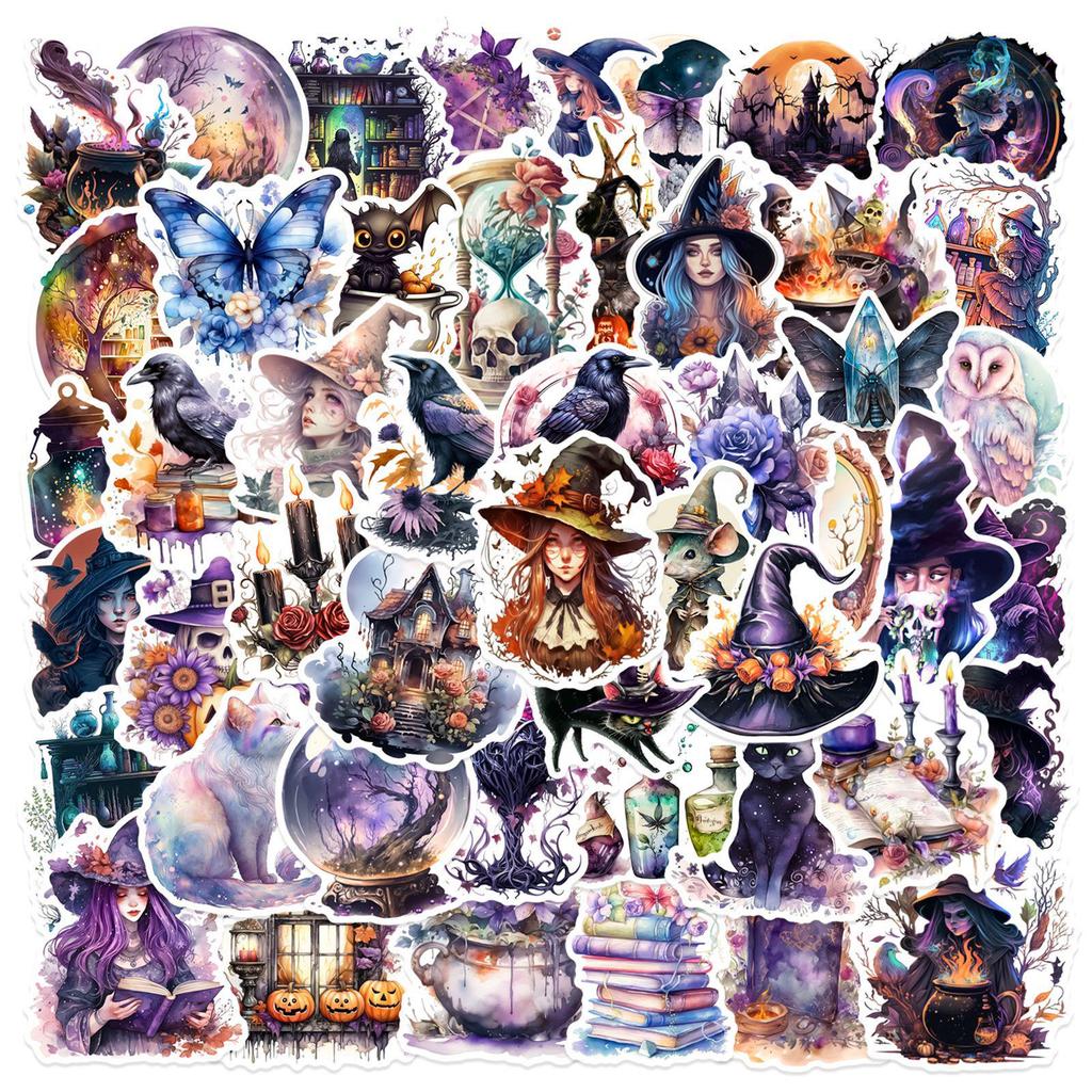 50 Gothic Halloween Witch Stickers - Retro Waterproof Decoration for Suitcases & Phone Cases