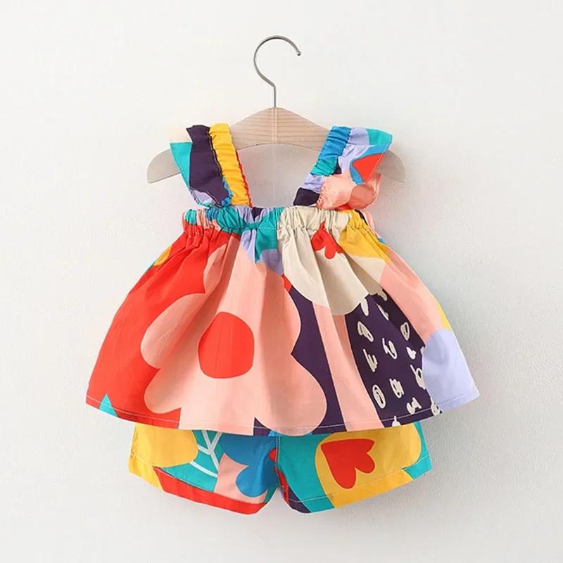 Set di abbigliamento estivo per bambine, top con bretelle, gilet floreale abbinato + pantaloni casual per bambini, completo per bambini piccoli