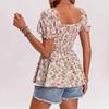 Women Summer Casual Square Neck Smocked Puff Sleeve Floral Blouse For Vacation