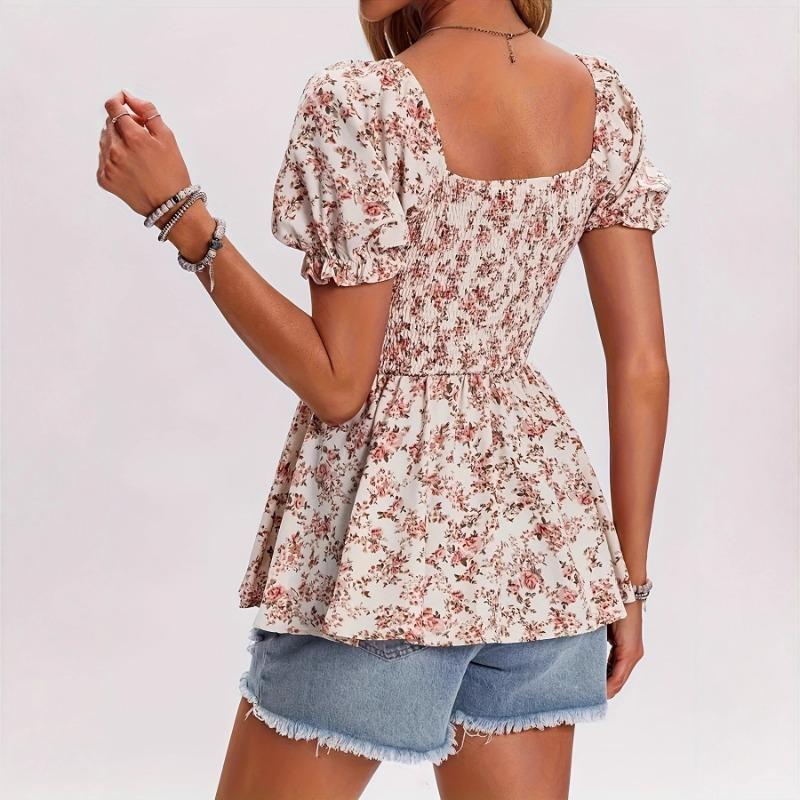 Women Summer Casual Square Neck Smocked Puff Sleeve Floral Blouse For Vacation