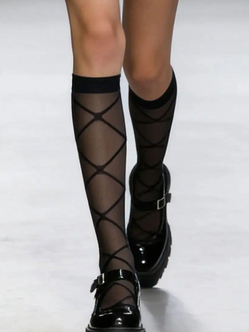 

1 Pc Edgy Black Diamond Mesh Calf Socks, Sheer Hosiery Ideal For Y2K Streetwear & Mini Skirt Outfits One Size