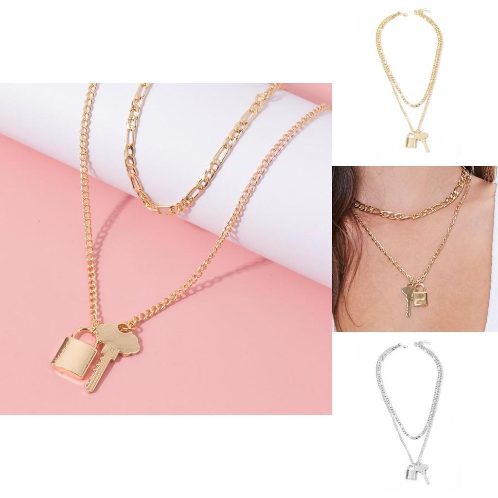Stunning Double Layer Alloy Sweater Chain Necklace With Key Lock Pendant For Fashion Lovers