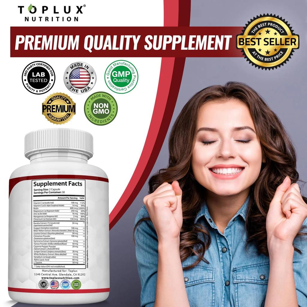 Blood Sugar Complex Supplement - Supports Healthy Blood Sugar Levels Already Within Normal Range All Natural , Non-GMO, 60 Capsules