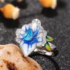 Huitan Unique Blue Flower Enamel Design Women Rings Pear Sky Blue CZ Aesthetic Female Rings Wedding Party Elegant Lady Jewelry