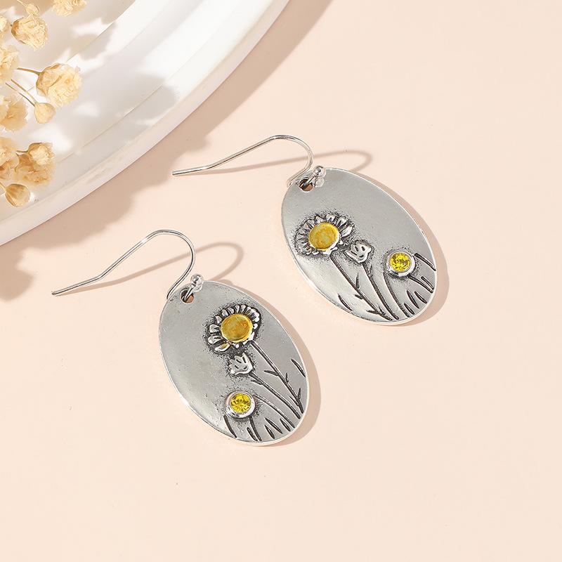 Retro Bohemian Oval Rhinestone Lotus Sunflower Earrings
