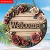 Vintage Rose Wreath Welcome Round Wooden Hanging Sign, 2D Flat Wooden Front Door Decor, Floral Farmhouse Wall Ornament
