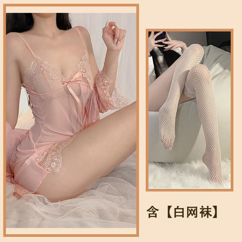 Sexy Women's Pajamas, Be Careful, Large Size Lace Mesh Yarn, Pure Desire Wind, Hot Transparent Robe, Four-piece Home Furnishing