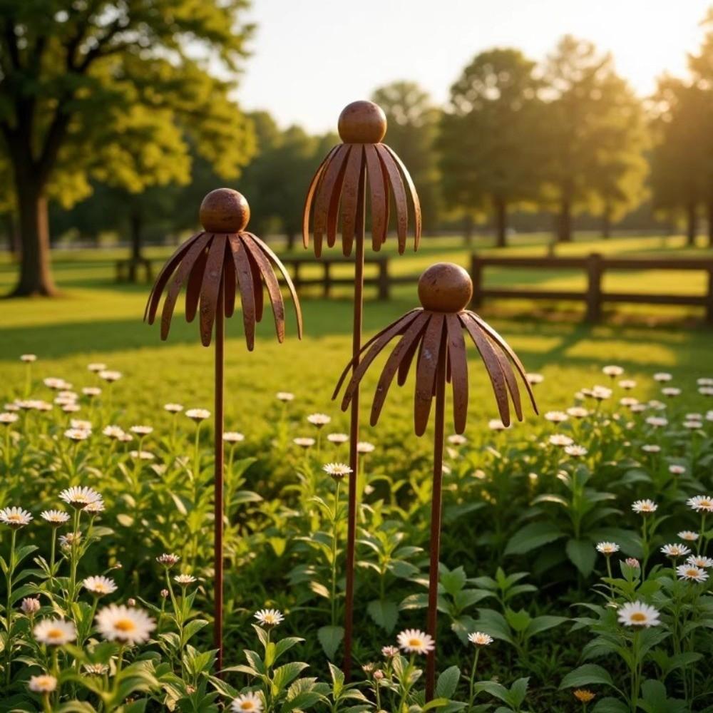 Weather Resistant Metal Daisy Stake Rusted Iron Curved Petal Stake Rustic Garden Art  Lawn Patio