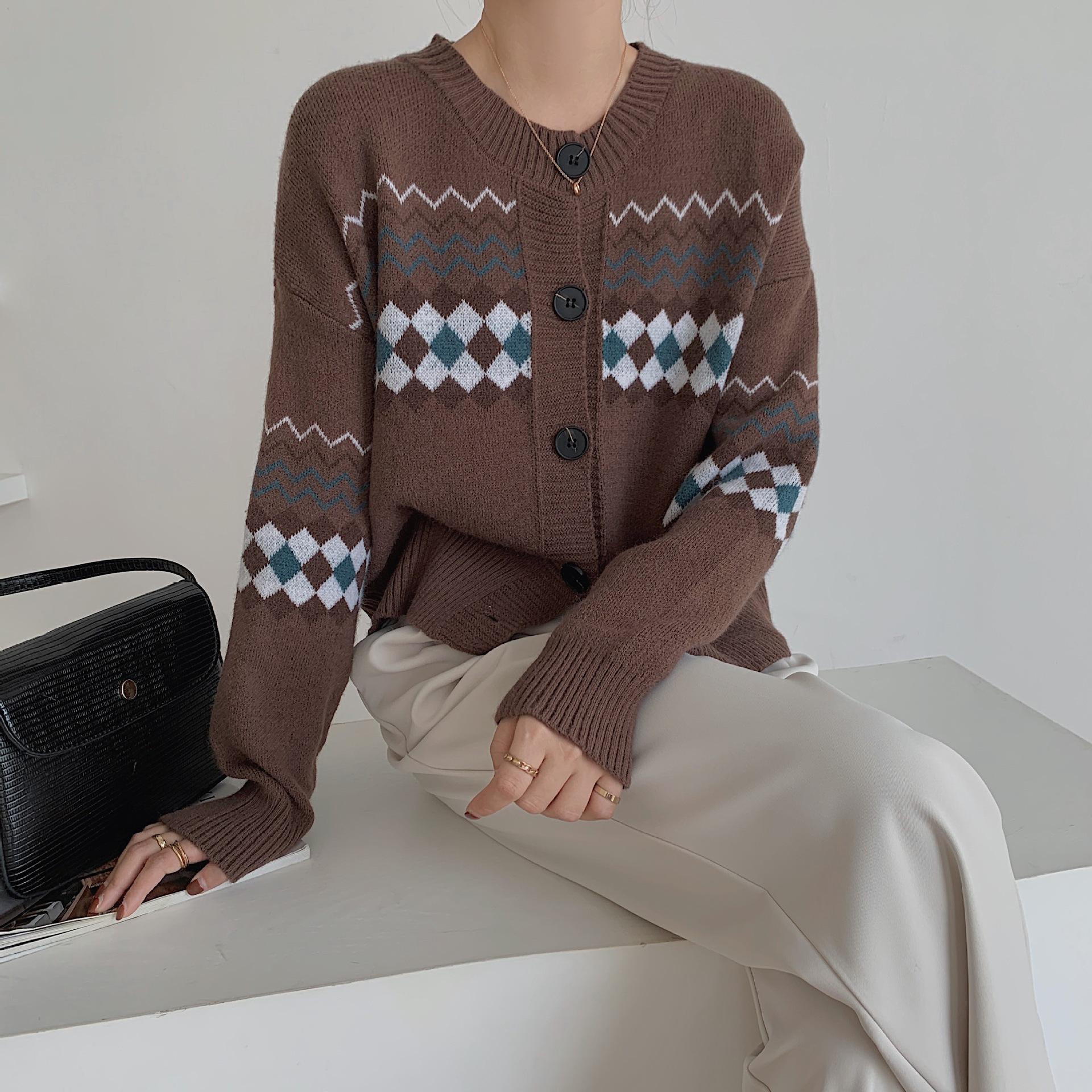 

Осень и зима новый свитер контрастной расцветки с круглым вырезом повседневный модный ретро жаккардовый свитер кардиган куртка универсальный 49-14 (average size) темно-коричневого