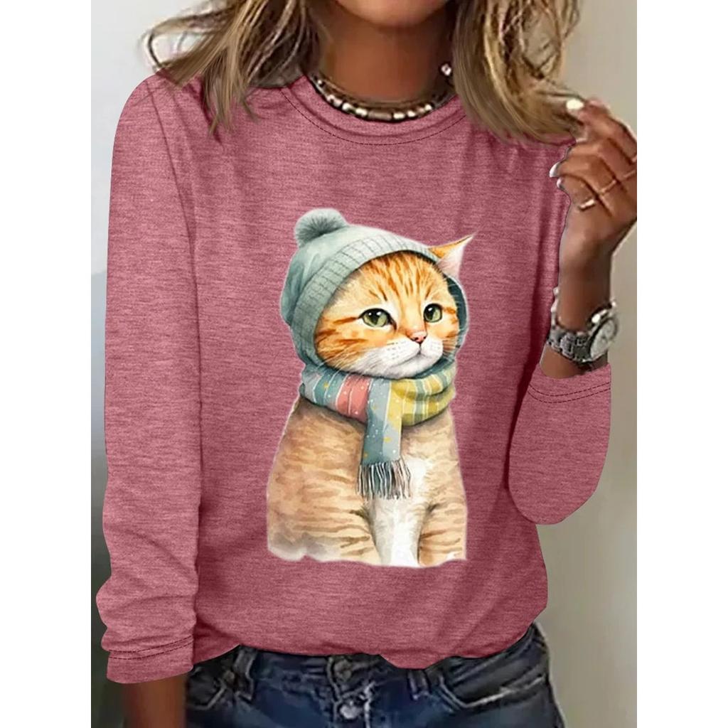Rundhals 3D-bedrucktes Katzenmuster Top Modische Lässige Langarm Damen T-Shirts