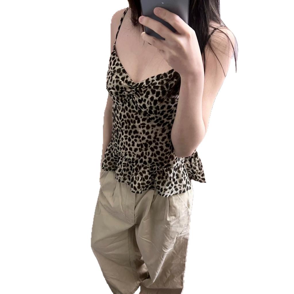 Sexy Spice Girl V-neck Leopard Print Sleeveless Sling Vest Women's Summer New Ruffle Edge Hem Temperament Slim Top