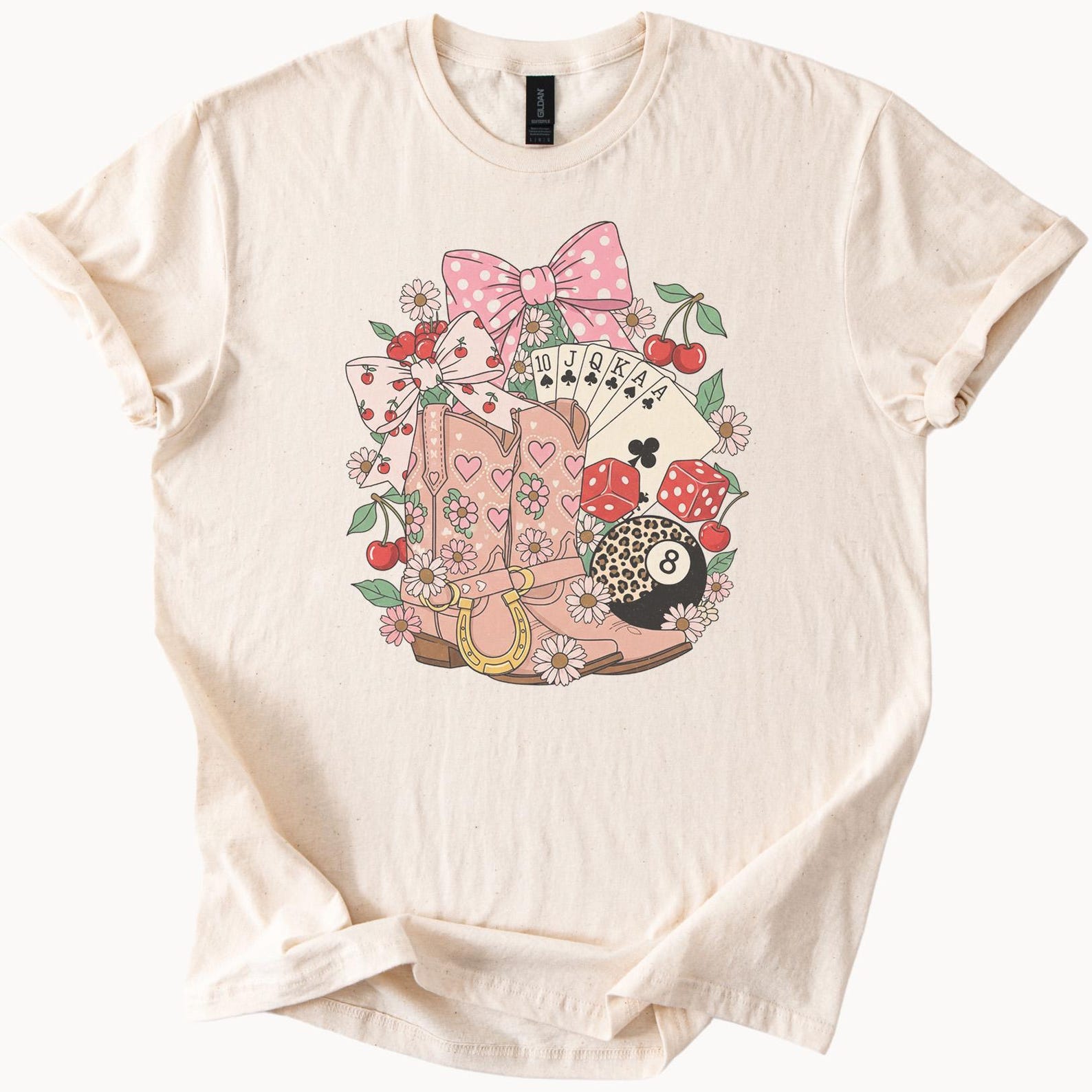 Pink Cowgirl Boot Shirt Cute Western Graphic Tee Cowboy Boots Poker Cards Daisy Floral Bows Dice Cherries Pool Ball Shirt 100