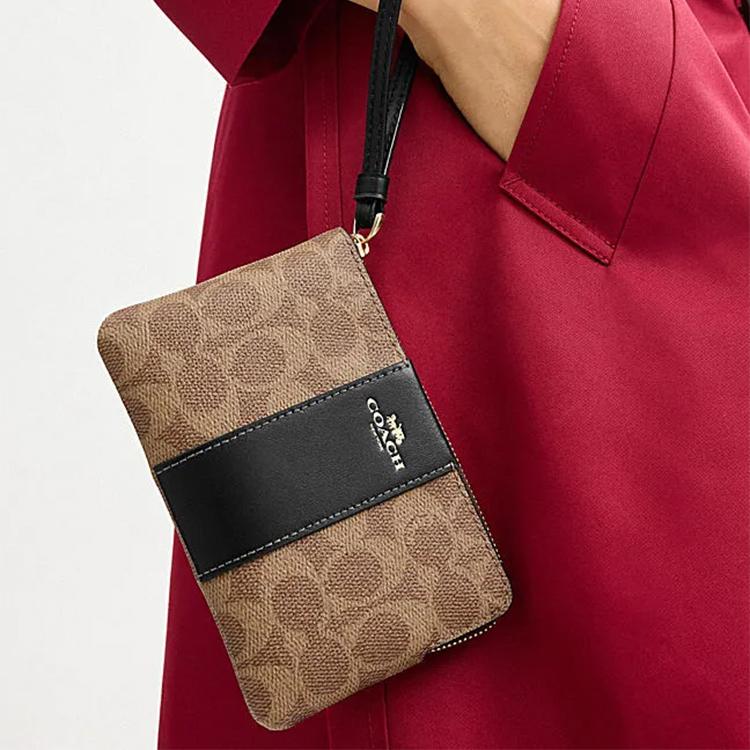 Coach Corner Zip 16 Logo Zip Closure Wristlet Women Wristlet Brown Yellow Black CW854-IMQRX