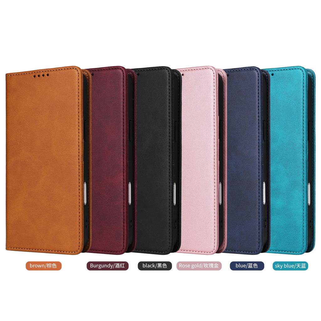Applicable To iPhone16 Mobile Phone Leather Case 15Pro Solid Color Leather Pattern Card Wallet Magnetic Protective Case 14plus