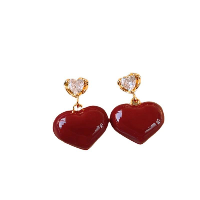Elegant Angora Red Heart Earrings: Real Gold Electroplated with Diamonds - Perfect for Festive Occasions