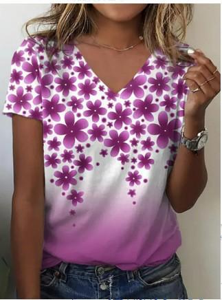 European and American Style Women's Clothing Casual V-neck Short-sleeved T-shirt D Digital Printing Source Wholesale