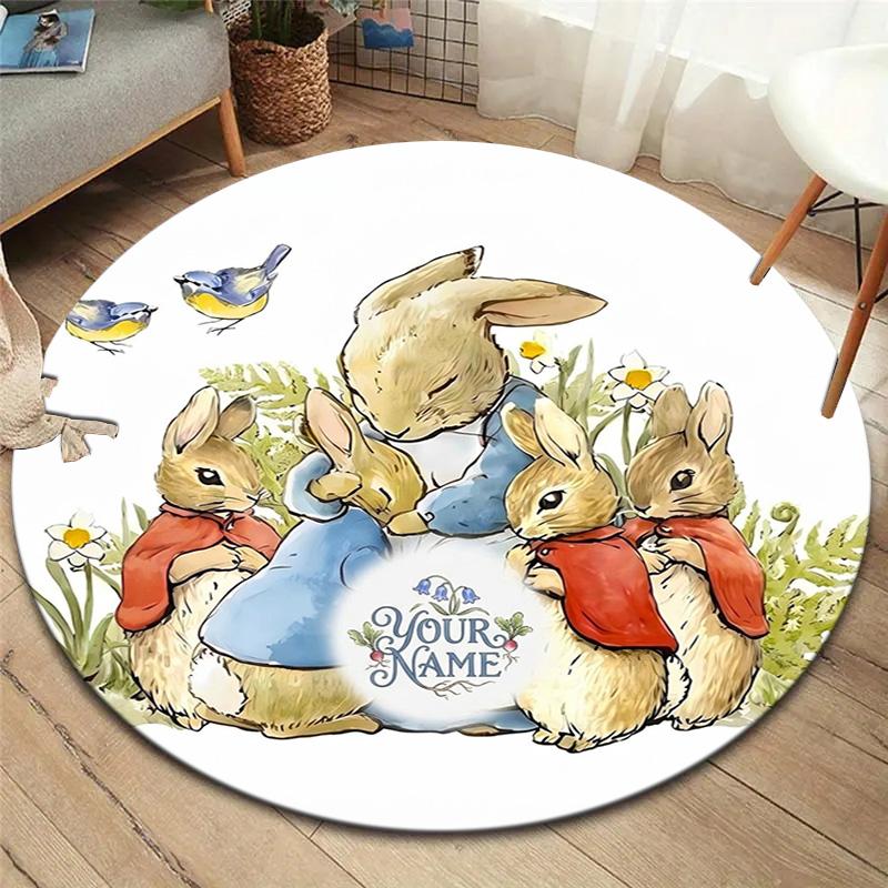 Easter Bunny Picnic Custom Name Round Area Rug Carpet Rug For Living Room Bedroom Sofa Playroom Decor Nonslip Floor Mat