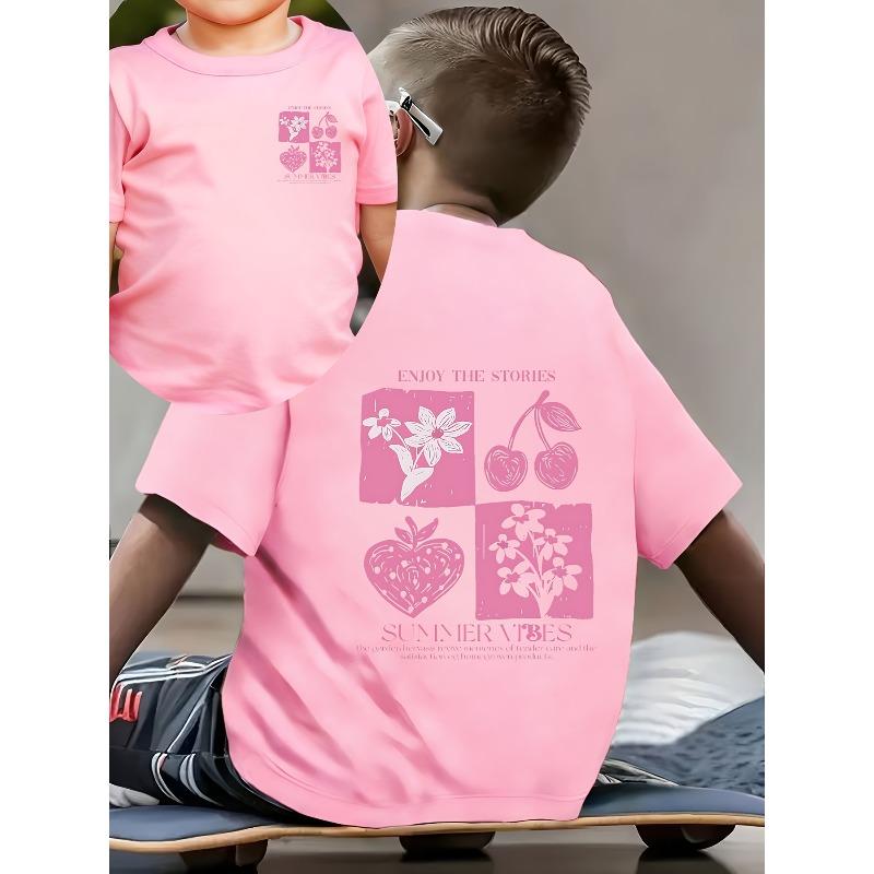 

European Size Childrens Crew Neck Short Sleeved T Shirt with Creative Pattern Printing 164cm рожевий
