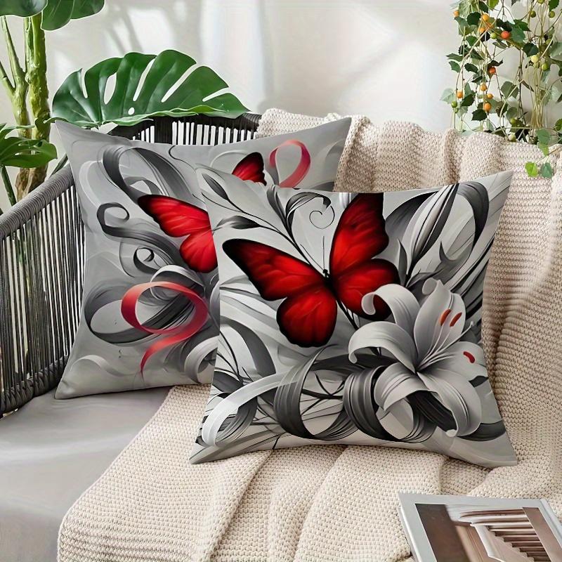 Gray Red Butterfly Floral Pillow Covers Soft Polyester Square Zipper Sofa Outdoor Machine Washable Double Sided Decorative Home