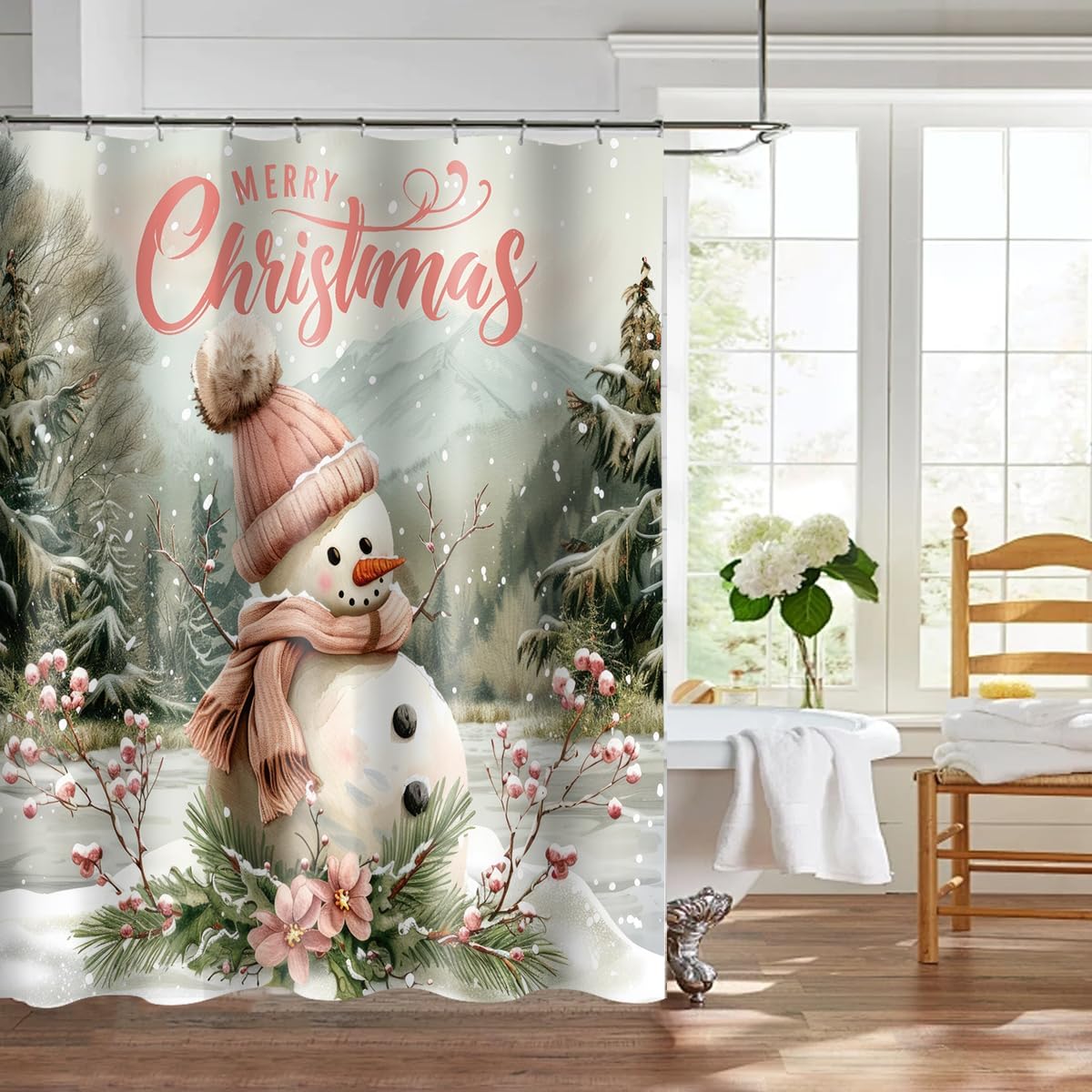 

Christmas Snowman Shower Curtain Penguin Snowman Christmas Tree Farmhouse,Winter Snowny Rustic Country Holiday Fabric Bath 90x180CM