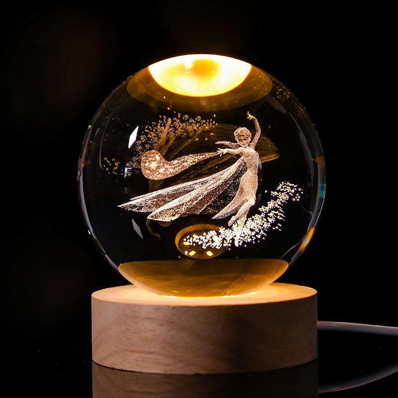 3D Starry Sky Crystal Ball Night Light with Solid Wood Base - Luminous Desktop Ornament & Birthday Gift
