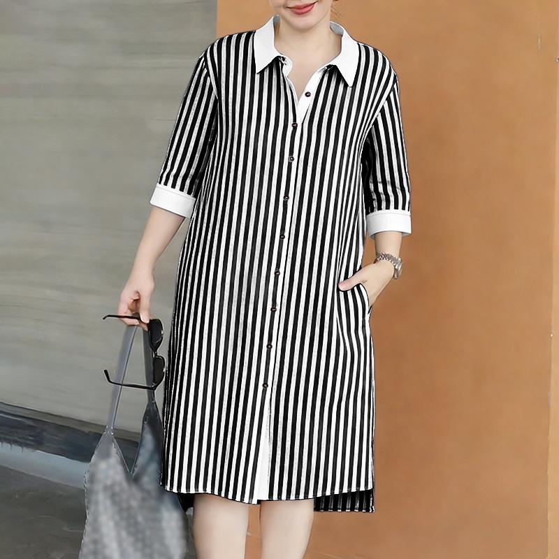 ZANZEA Women Casual Turn Down Collar Loose Half Sleeve Stripe Dress S чёрный