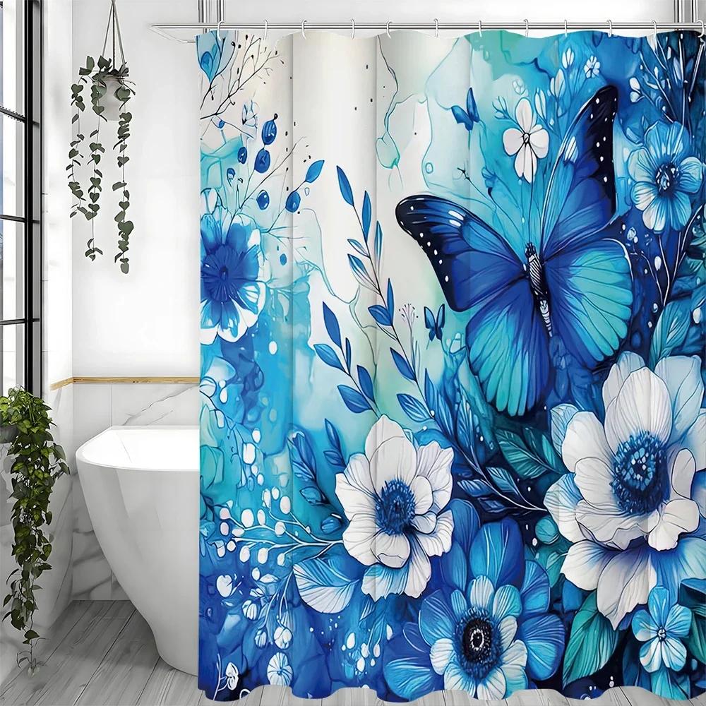 Exquisite Fashion Items Blue Floral Butterfly Shower Curtain, Spring Bathroom Decorative Shower Curtain, Waterproof Shower Curtain With Hooks