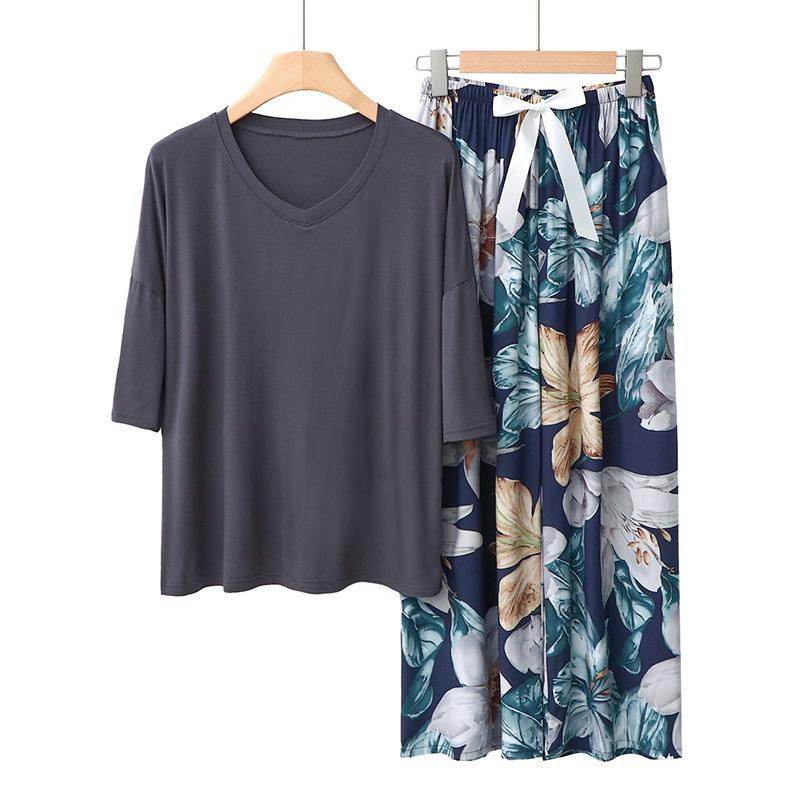 Sommer Damen Pyjama Sets Modal Kurzarm T-Shirts und Weitbein Hosen Heiß Lässig Homewear 2-teiliges Anzug Damen Nachtwäsche
