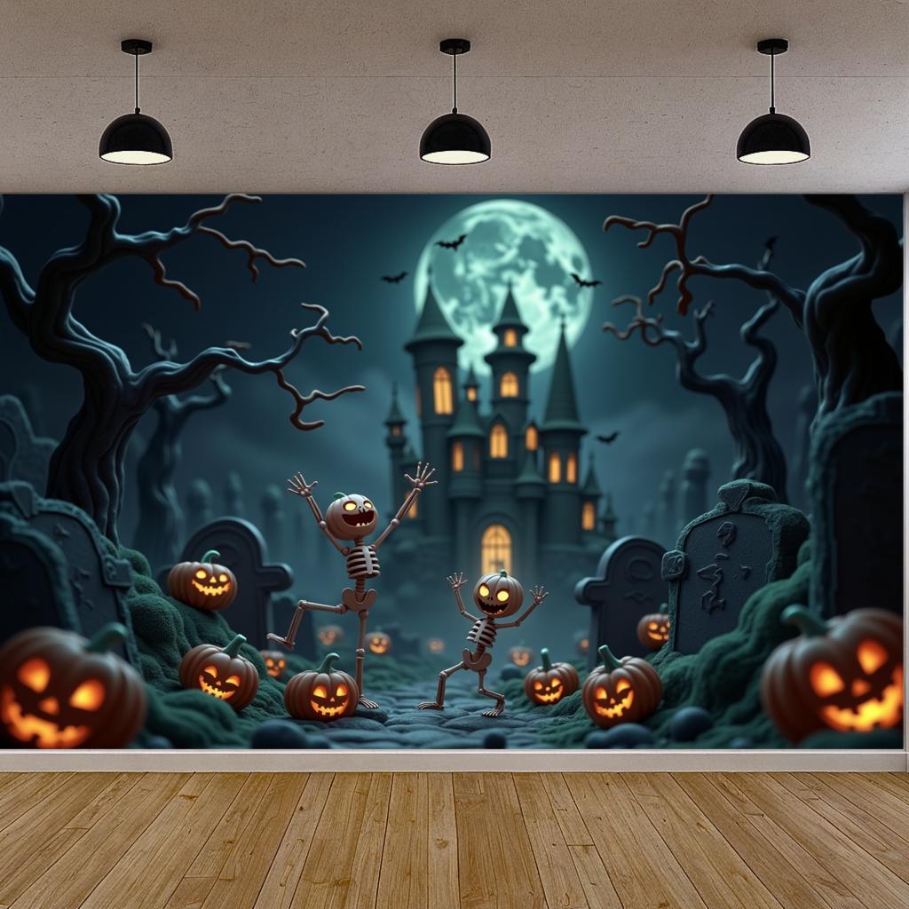 Scary Backdrop Skeleton Theme Spooky Decoration Halloween Night Banner Full Moon Halloween Banner For Scary Celebration Spooky