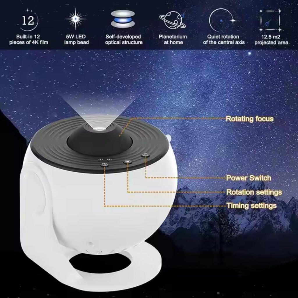 Galaxy Projector Night Light – HD Star Projector with 12 Replaceable Film Discs & Timer | Planetarium Ceiling Light for Bedroom, Kids & Adults