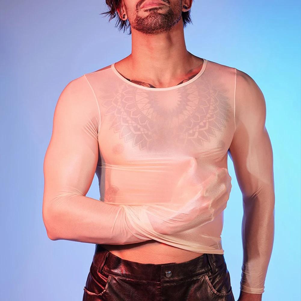 Men Oil Shiny Tops O Neck Tights See Through Fitness Muscle Top Nightclub Shirts Clubwear Gay Tempt Undershirts T-Shirts Sexy