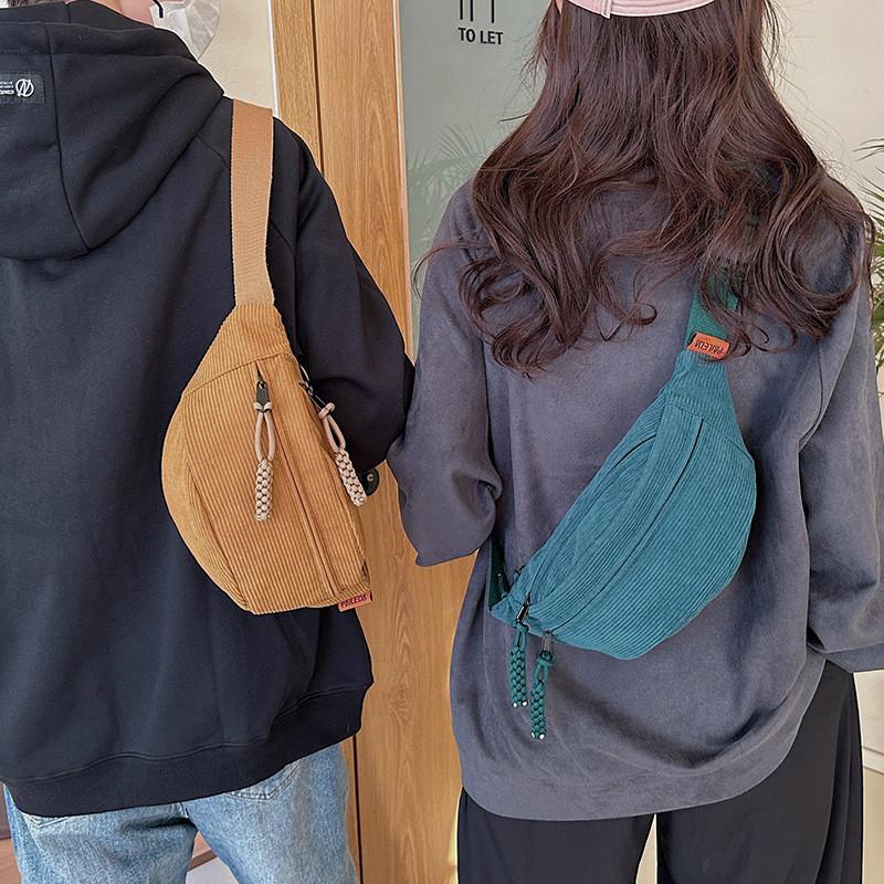 Casual Korean Style Cotton Corduroy Crossbody Bag With Zipper Closure For Daily Use