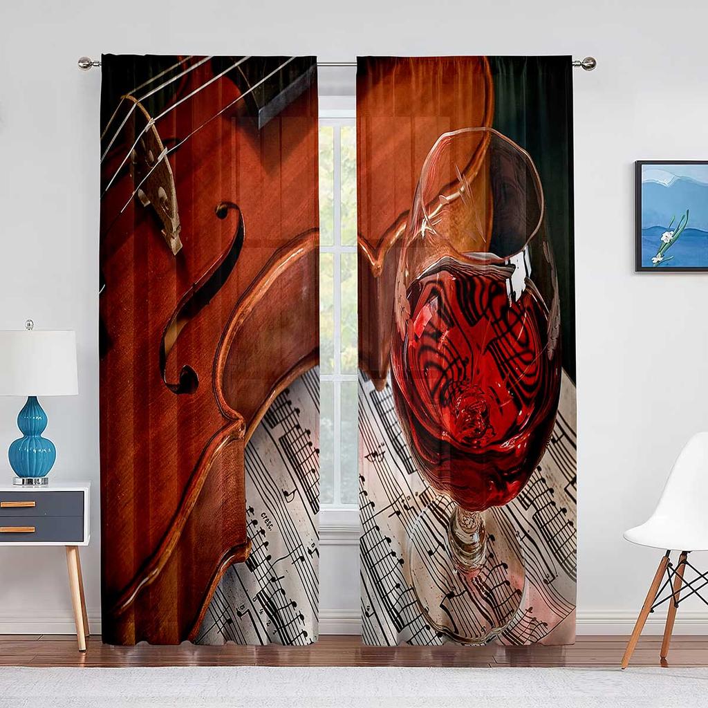 Vintage Fiolin på Trä Skira Voilgardiner för Vardagsrum Sovrum Chiffong Tyllgardiner Kök Fönsterbehandlingar Draperier